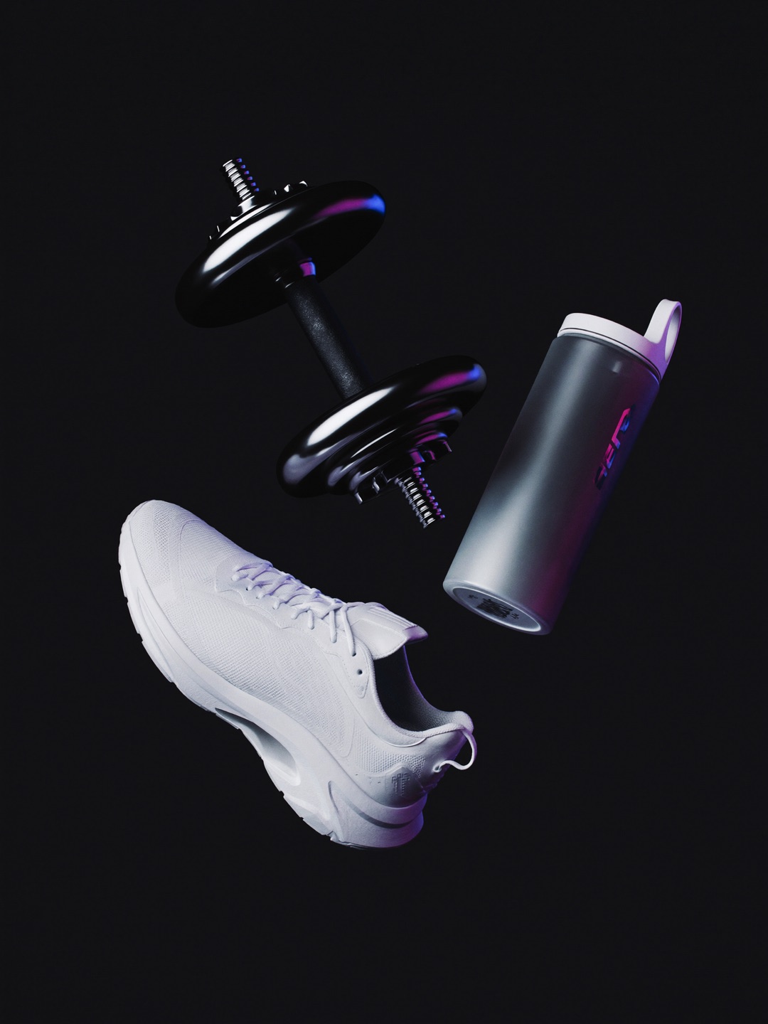 Render 3D de mancuerna, tenis y botella de agua para gimnasio