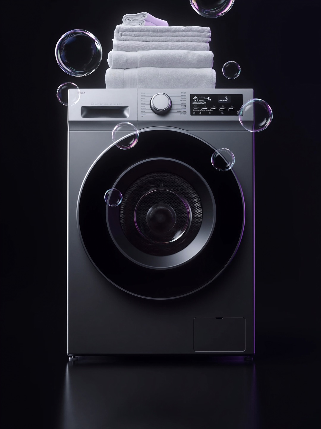 Render 3D de lavadora con burbujas y ropa limpia para lavandería