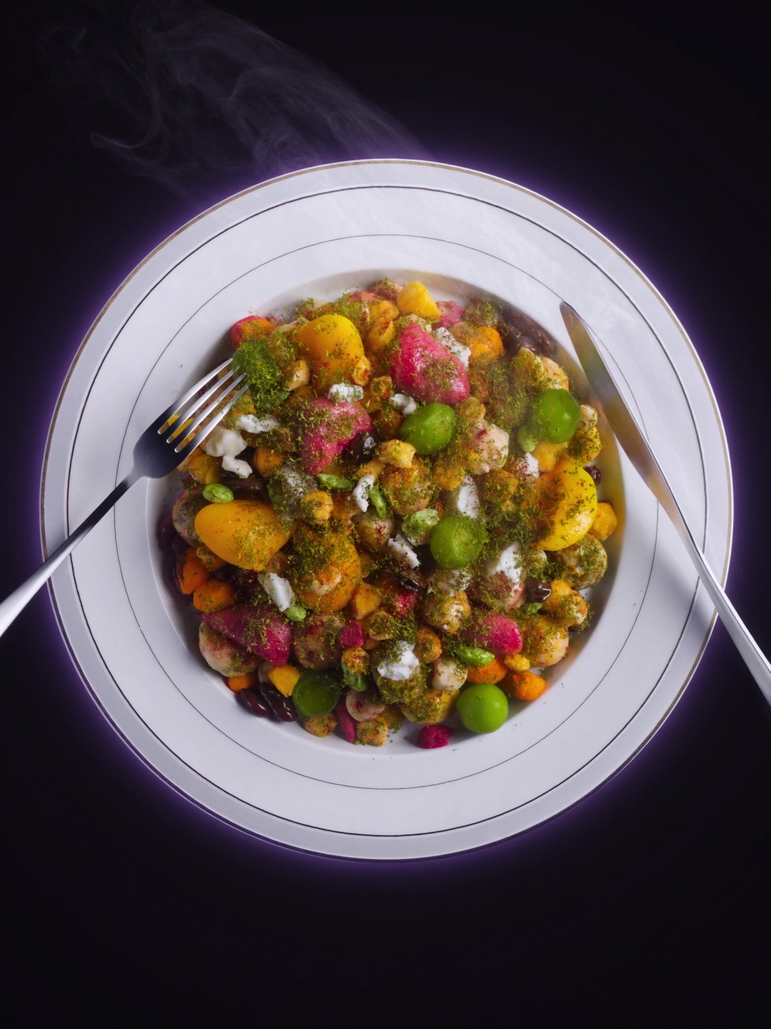 Render 3D de un plato gourmet con vapor para restaurante