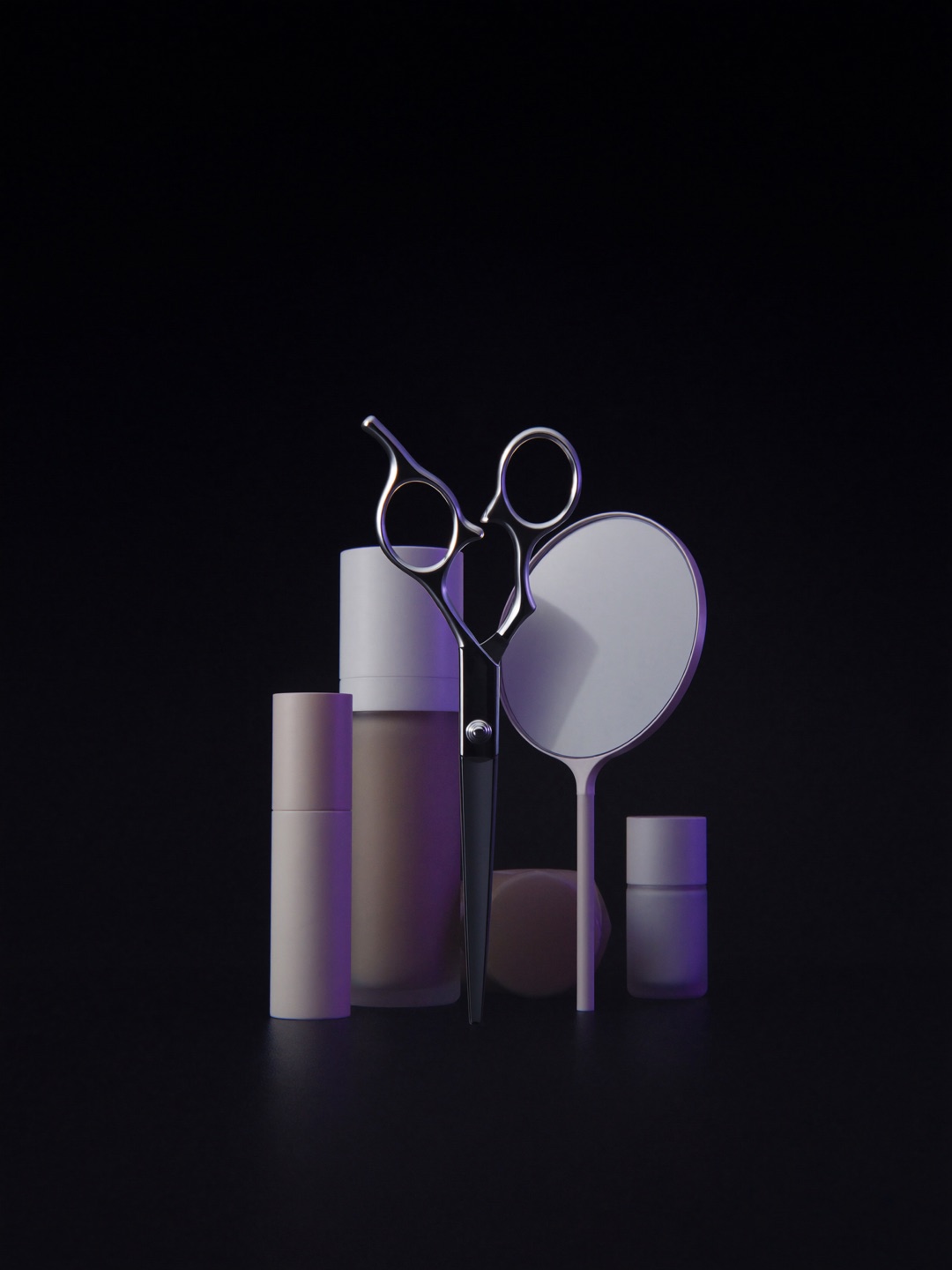 Render 3D de tijeras, espejo y cosméticos para salón de belleza